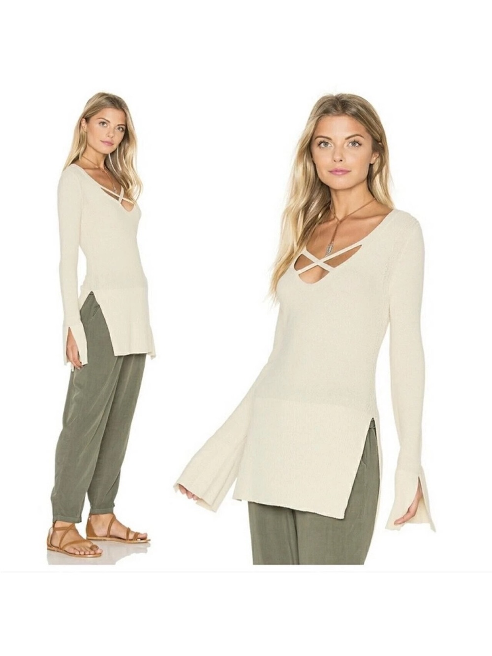 Free People Cream Criss Cross V-neck Linen Blend Tunic Sweater Size XS
